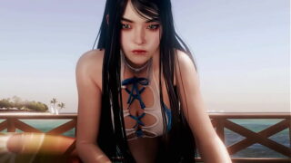 Raven Girl Riding On Public Beach