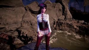 Pirate queen Lara Croft seductively dances on the coast before storm