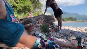 Public Dick Flashing on the Beach – I took his dick in my hand and helped him cum