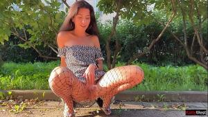 Public Solo Upskirt Flashing Ass Plug in Fishnet Pantyhose Pee