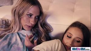 Petite giggling teen girlfriends tasting their first pussy