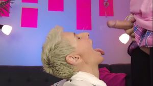 Girl lick chastity femboy balls and sniffs his balls before epic facial