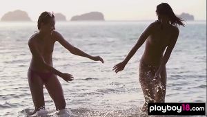 Petite lesbian asian teen Cara Pin and naked Czech GF watching the sunset