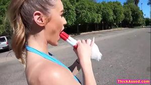 Big ass Kenzie Madison deepthroats a lollipop on her way to her room, shakes her big tight ass on the bed, a guy is waiting and she twerks her big ass to make him hard, deepthroats her big pol