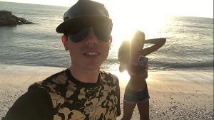 Aiden and astronaut lady at the beach