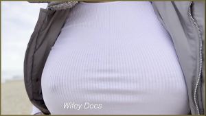 Braless wife walks on the public beach