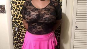 BIG NATURAL BOOB BABE IN SEE THRU SHIRT & PINK MINI SKIRT
