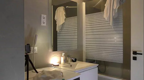 Long legs hot college girl Alicia in her plaid school uniform mini skirt and stockings in the bathroom