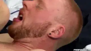 Inked macho hunk slamming his ginger lover hard