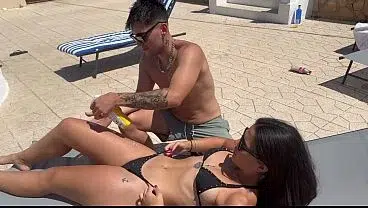 Spanish girl, I’ll put cream on them in the pool and fuck them in the ass