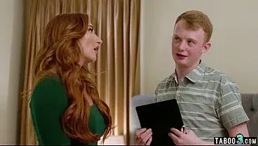 Stepson measuring his hot redhead MILF stepmothers Sophia Locke big boobs