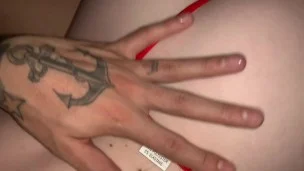 Little slut in sexy red lingerie warming up a cock