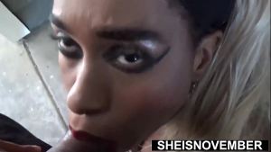 Naughty Stepsister Convinced To Suck Horny Stepbrother Hard Cock Outside, Geeky Pretty Black Slut Sheisnovember Mouth Wide Open On Knees Closeup Swallow Cumshot After Throat Fucked Wearing Lace Bra And Panties By Msnovember