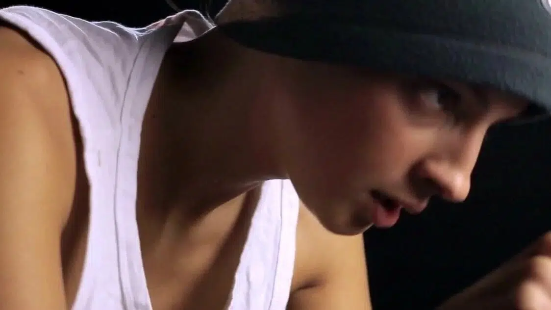 Beautiful sweaty teen humping an exercise bike seat