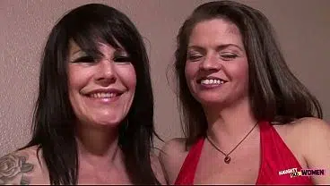 Two dark haired babes touch and fuck each other in a hot lesbian scene