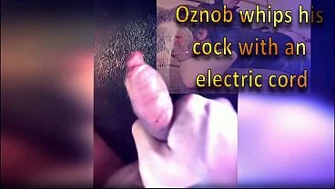 Amateurboy whips his cock with an electric cord