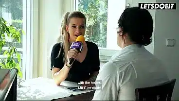 Blonde German MILF Interviews Him at the Table… Then She Starts Begging for His Cock