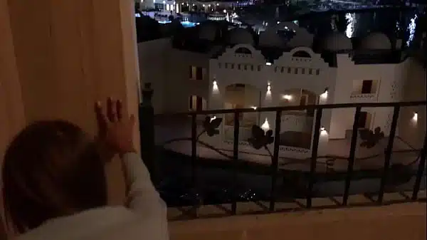 Outdoor fucking on the balcony of a skinny slut