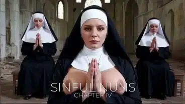 Prayer of masturbation. A nun jerks off a priest’s dick in front of other nuns. (AI).