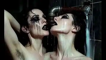 Two lesbian goth babes with hairy, unshaved armpits taking a creamy white shower – AI Generated