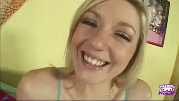 This blonde with big tatas gets splashed with cum after masturbating
