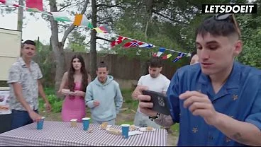 Curvy Brunette Gets Pounded on a Picnic Table… Whole Party Watches