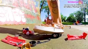 Kati´s giantess, crush toy car trampling , girl sneaker , toycrush, plastic car, jumps , smashes car