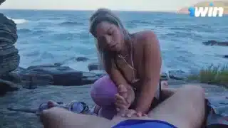 Mari E Chell In Amazing Super-hot Milf Blow-job On Rocks, Public Deepthroating!