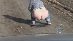 Pissing on the road in front of the car taking off panties mature bbw milf with a hairy pussy