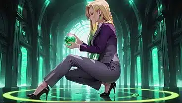 AI generated-Blonde Boss in Purple Suit! Office & Train Private Moments. She’s multitasking with files while secretly adjusting her skirt… That gaze is deadly!