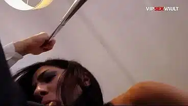 Collared Brunette Deepthroats Cock While Getting Railed Doggy in FMM Threesome