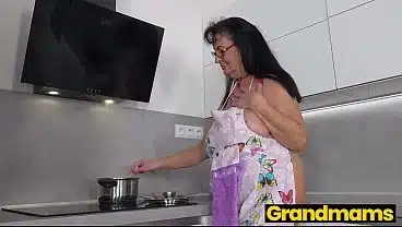 Granny playing with Her BIG SAGGY TITS after Making Pasta for GrandMams