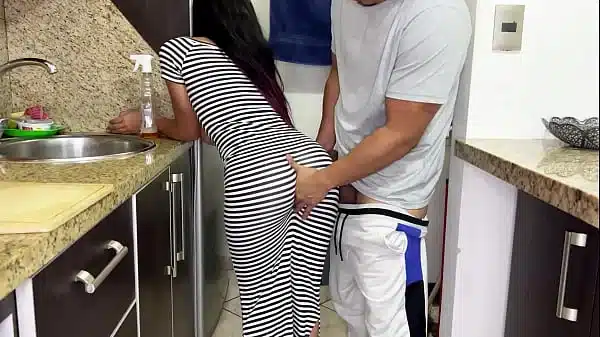 My Beautiful Stepdaughter Cleaning the Kitchen in Sexy and Tight Dress with Her Big Hot Ass I Can’t Stop Looking at It
