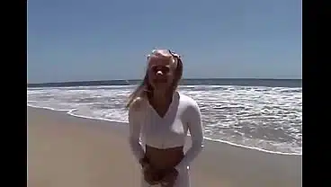 Petite teen lesbian Little Summer fingered on the beach